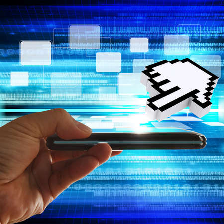 hand holds smartphone and hand cursor streaming internet as conceptの写真素材