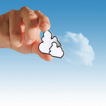 hands exhibiting the cloud computing pixel icon