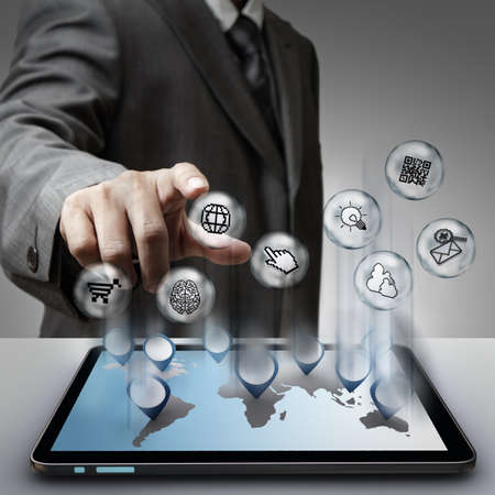 business man hand point virtual pixel sign internet icons conceptの写真素材