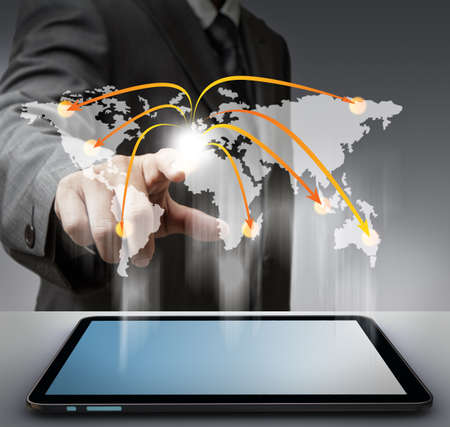 business man hand point to virtual social network structure diagramの写真素材
