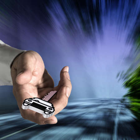close up of hand offers pixel car key icon and blur background as conceptの写真素材