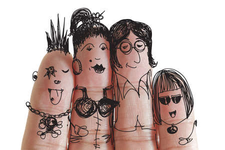 happy family with painted smiley on human fingers going to music concertの写真素材