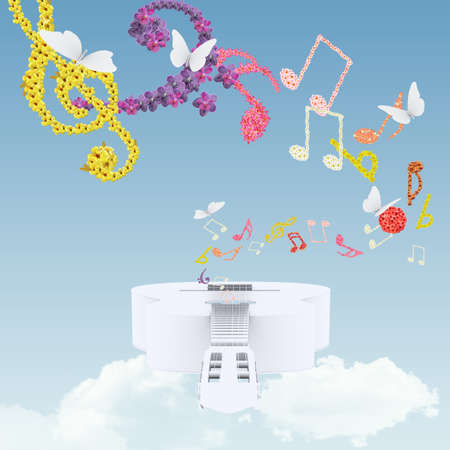 flowers musical and white guitar backgroundの写真素材