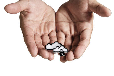 close up of open hand holds pixel cloud network sign as conceptの写真素材