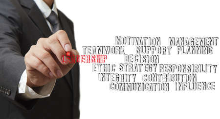 close up of businessman hand writing leadership skill conceptの写真素材