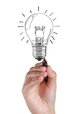 hand drawing light bulb on white boardの写真素材