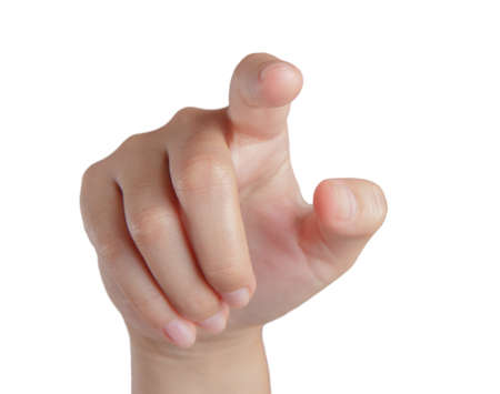 Woman hand touching virtual screen  Isolated on white backgroundの写真素材