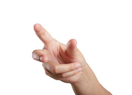 Woman hand touching virtual screen  Isolated on white の写真素材