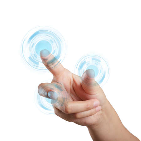  hand touching screen interface backgroundの写真素材