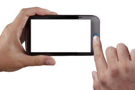 Touch screen mobile phone, in hand on whiteの写真素材