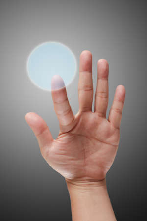 male hand pushing on touch screen interface as conceptの写真素材