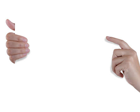 Hand holding white empty paper on whiteの写真素材