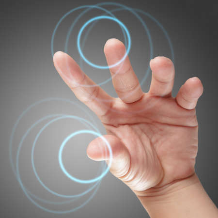 male hand working on touch screen interface as conceptの写真素材