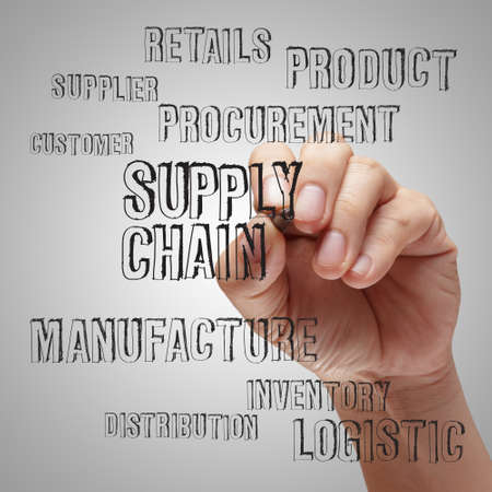 business man writing supply chain management concept by flow from supplier to customerの写真素材