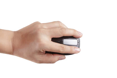 Wireless mouse and the middle finger rests on the right mouse buttonの写真素材