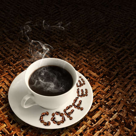 Coffee cup with burlap sack of roasted beans on rustic tableの写真素材