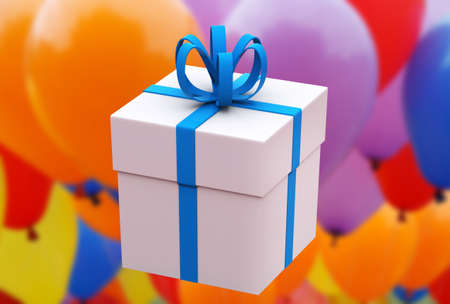White gift box with a blue bow on white backgroundの写真素材