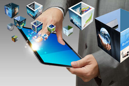 business hand shows touch screen mobile phone with streaming imagesの写真素材