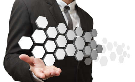 business man hand shows 3d abstract buttonsの写真素材