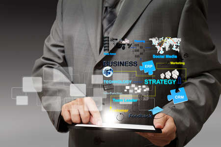 business man hand touch on tablet computer virtual business process diagramの写真素材