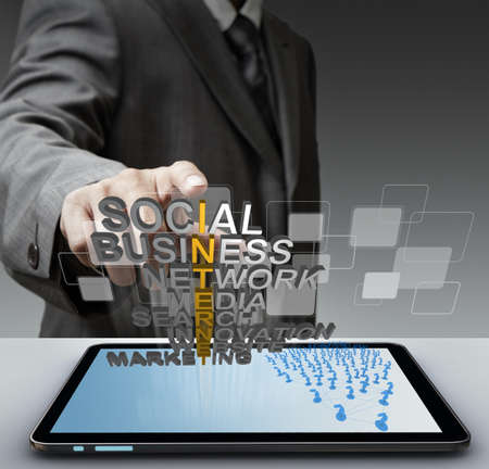 business man hand touch 3d mettalic internet concept and virtual buttonsの写真素材