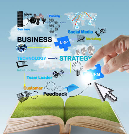 open book of hand point to business network diagram conceptの写真素材