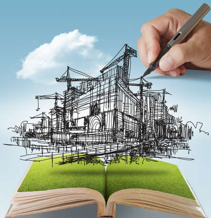 open book of hand draws building and constructionの写真素材