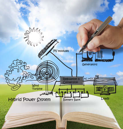 open book of engineer draws hybrid power system,combine multiple sources diagramの写真素材