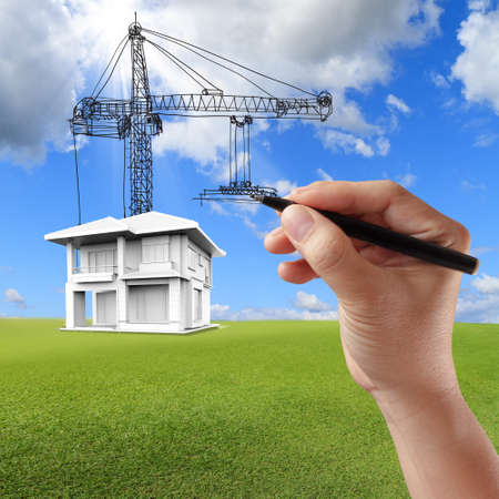 house building and cranes by hand drawnの写真素材