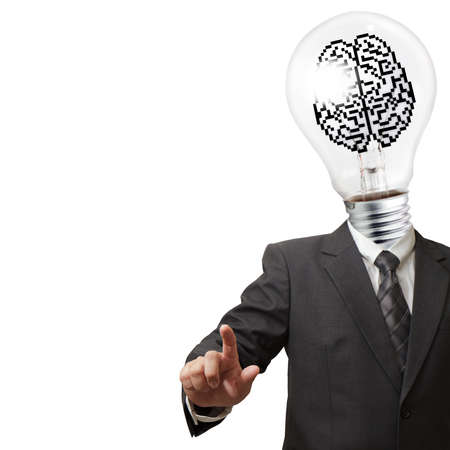 business man light bulb and pixel brain sign head as conceptの写真素材