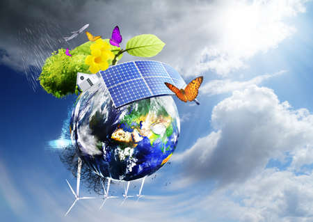 Collage with solar batteries as alternative source of energyの写真素材