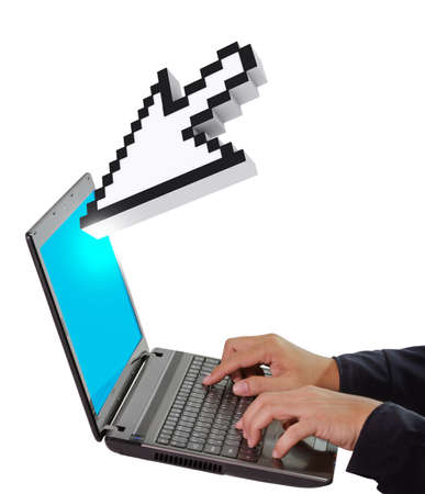 hand picks laptop with 3d cursor handの写真素材
