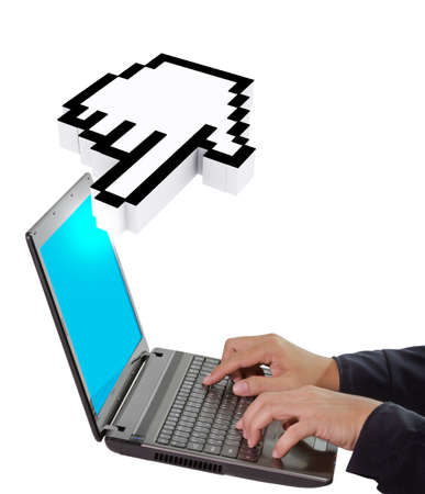 hand picks laptop with 3d cursor handの写真素材
