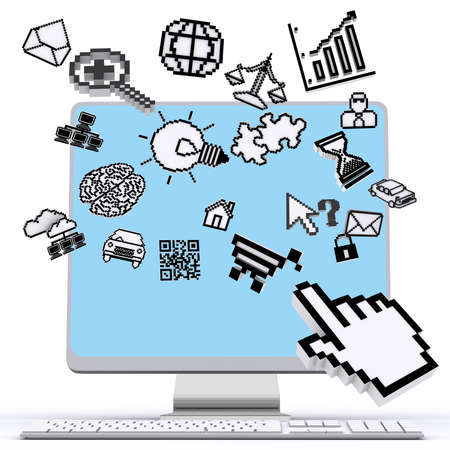 Desktop computer with 3d pixel iconsの写真素材