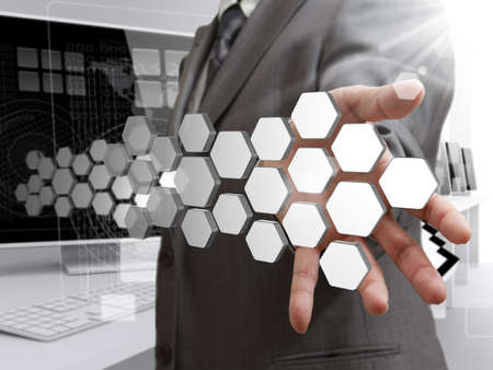 business man hand shows blank abstract diagram in computer roomの写真素材