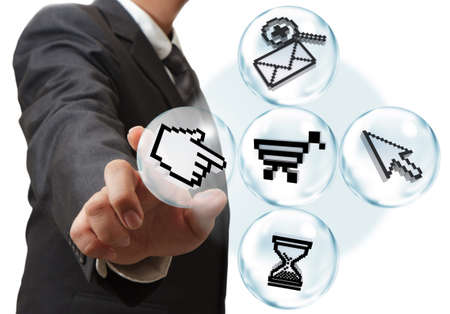 business hand and internet pixel icons in bubbles glass diagramの写真素材