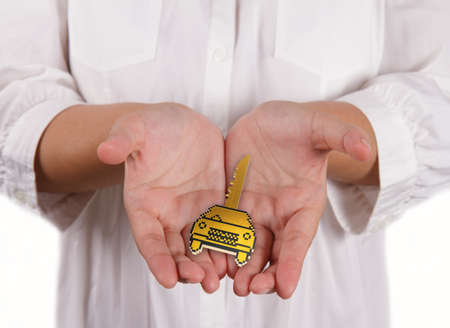 woman hands show 3d pixel car key as conceptの写真素材
