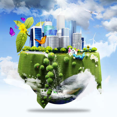 half earth covers with city and grass and different elements on its surface as green business conceptの写真素材