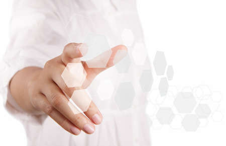 business woman hand pushing touch screen buttonの写真素材