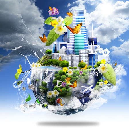 half earth covers with city and ocean and different elements on its surface as green business conceptの写真素材