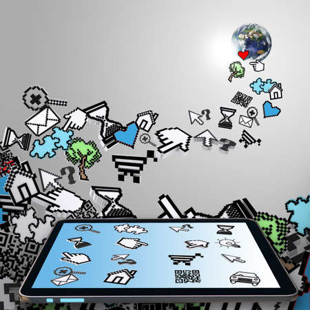 tablet computer with falling pixel computer icons as internet conceptの写真素材