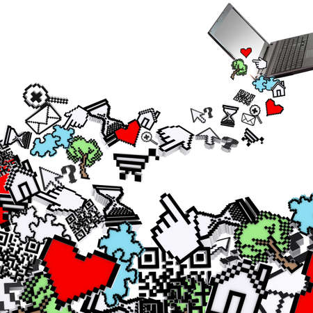 laptop computer with falling pixel computer icons as internet conceptの写真素材