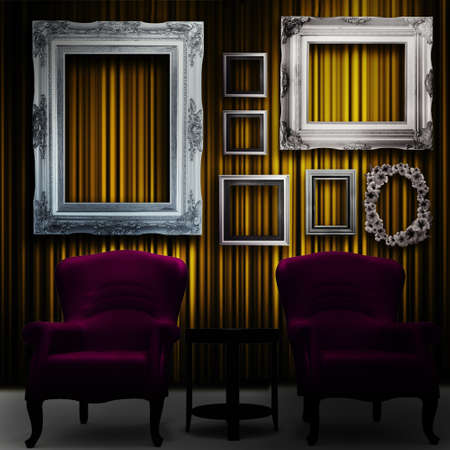 Gallery display - vintage silver frames on curtain wall and violet armchairsの写真素材