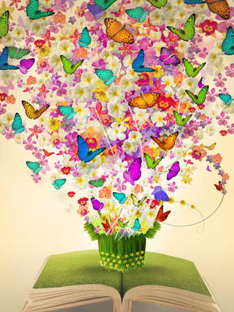 open vintage book of plenty flower and butterfly growing up from gift grass boxの写真素材