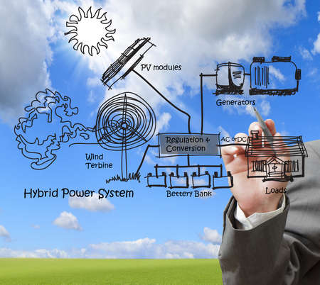 engineer draws hybrid power system,combine multiple sources diagramの写真素材