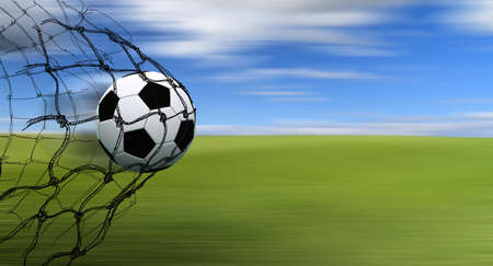 soccer ball in a net with hand drawn sketch on blur backgroundの写真素材