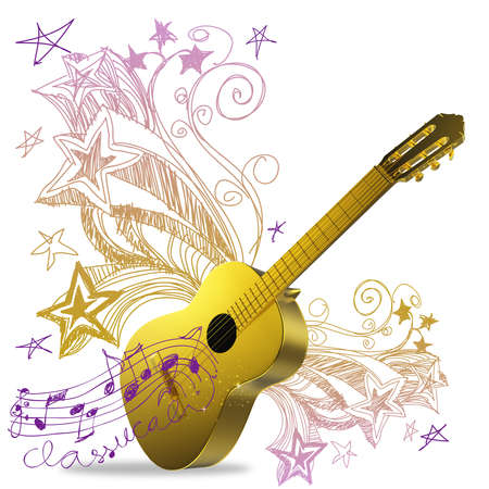 3d golden guitar and fantasy doodle backgroundの写真素材