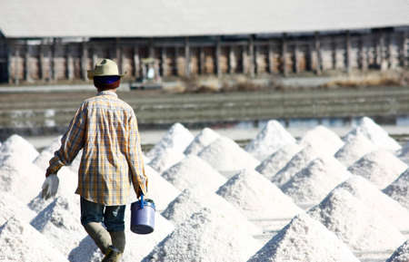 Man raking in the salt fieldの写真素材