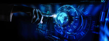 Hand working with the earth with network line with point on the star and world modern UI with...