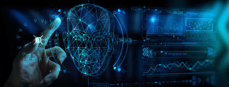 Hand touching UI for Unlocking with face identification. Facial recognition concept.